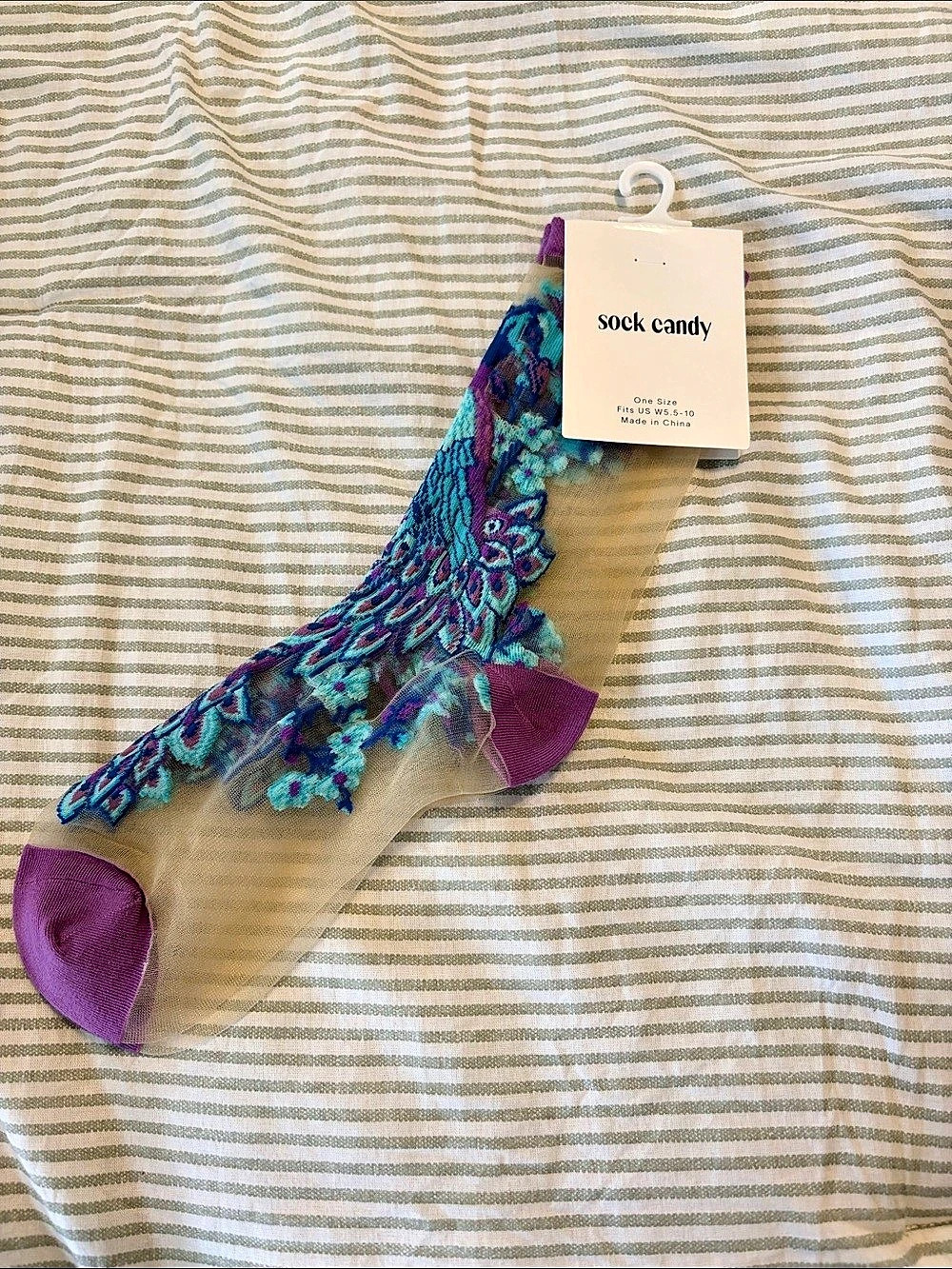 Sock Candy Aquamarine Peacock Sheer Sock Socks Blue & Purple NWT